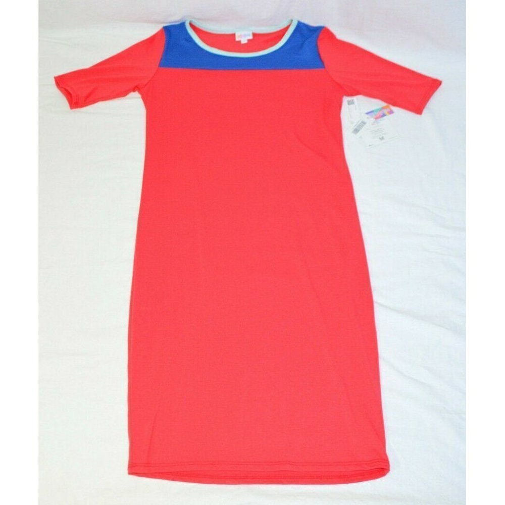 LULAROE JULIA BLOCK Red Blue Short Sleeve Knee Length Dress Medium